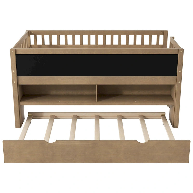 Twin Size Low Loft Bed with Trundle, Solid Wood Bed Frame with Storage Shelves & Blackboard, Space-Saving Design for Small Rooms