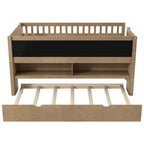 Twin Size Low Loft Bed with Trundle, Solid Wood Bed Frame with Storage Shelves & Blackboard, Space-Saving Design for Small Rooms