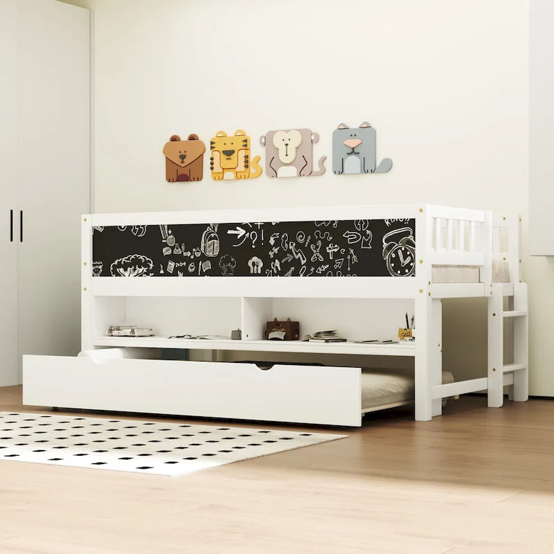 Twin Size Low Loft Bed with Trundle, Solid Wood Bed Frame with Storage Shelves & Blackboard, Space-Saving Design for Small Rooms