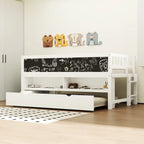 Twin Size Low Loft Bed with Trundle, Solid Wood Bed Frame with Storage Shelves & Blackboard, Space-Saving Design for Small Rooms