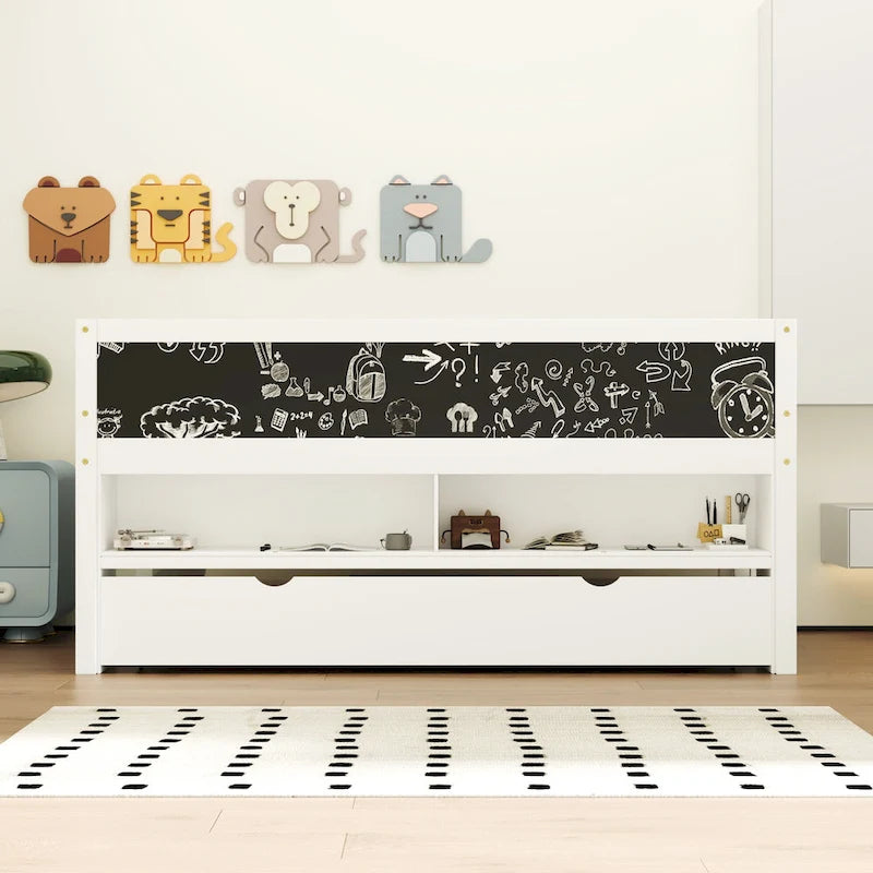 Twin Size Low Loft Bed with Trundle, Solid Wood Bed Frame with Storage Shelves & Blackboard, Space-Saving Design for Small Rooms