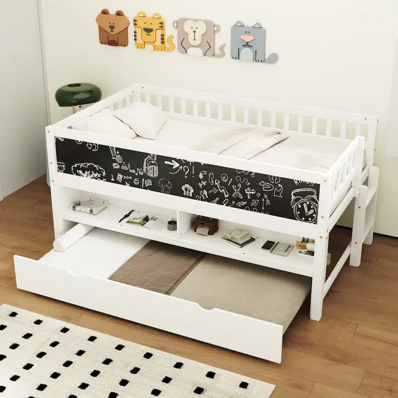 Twin Size Low Loft Bed with Trundle, Solid Wood Bed Frame with Storage Shelves & Blackboard, Space-Saving Design for Small Rooms