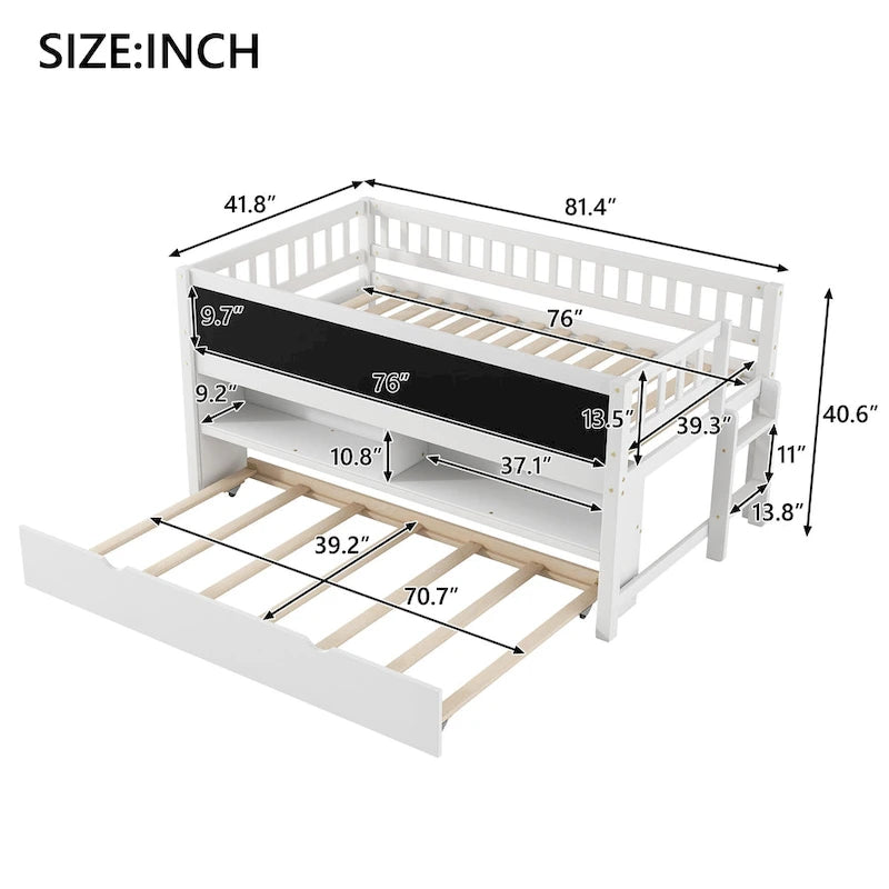 Twin Size Low Loft Bed with Trundle, Solid Wood Bed Frame with Storage Shelves & Blackboard, Space-Saving Design for Small Rooms