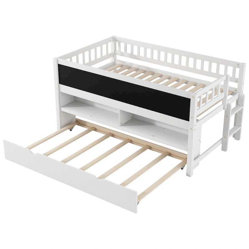 Twin Size Low Loft Bed with Trundle, Solid Wood Bed Frame with Storage Shelves & Blackboard, Space-Saving Design for Small Rooms