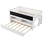 Twin Size Low Loft Bed with Trundle, Solid Wood Bed Frame with Storage Shelves & Blackboard, Space-Saving Design for Small Rooms