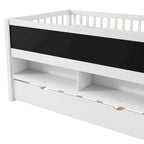 Twin Size Low Loft Bed with Trundle, Solid Wood Bed Frame with Storage Shelves & Blackboard, Space-Saving Design for Small Rooms