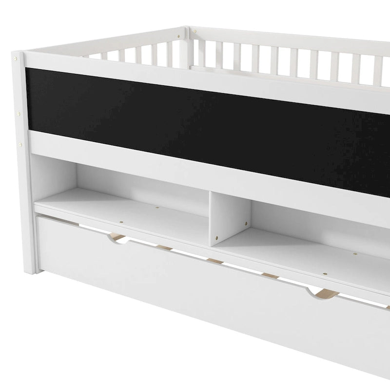 Twin Size Low Loft Bed with Trundle, Solid Wood Bed Frame with Storage Shelves & Blackboard, Space-Saving Design for Small Rooms