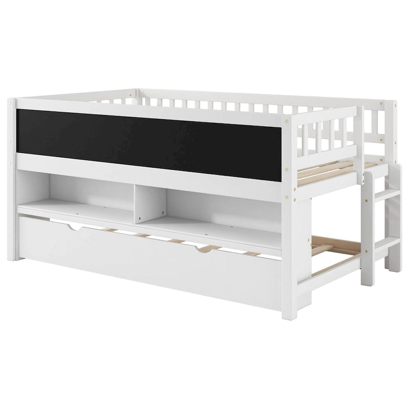 Twin Size Low Loft Bed with Trundle, Solid Wood Bed Frame with Storage Shelves & Blackboard, Space-Saving Design for Small Rooms