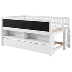 Twin Size Low Loft Bed with Trundle, Solid Wood Bed Frame with Storage Shelves & Blackboard, Space-Saving Design for Small Rooms