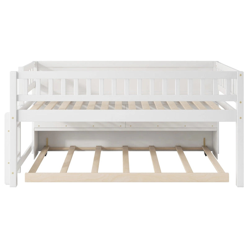 Twin Size Low Loft Bed with Trundle, Solid Wood Bed Frame with Storage Shelves & Blackboard, Space-Saving Design for Small Rooms