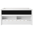 Twin Size Low Loft Bed with Trundle, Solid Wood Bed Frame with Storage Shelves & Blackboard, Space-Saving Design for Small Rooms