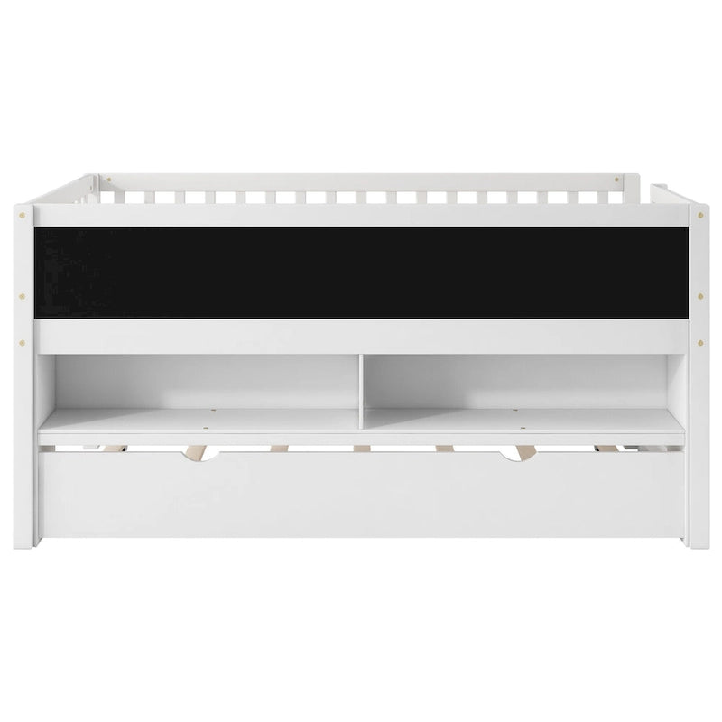 Twin Size Low Loft Bed with Trundle, Solid Wood Bed Frame with Storage Shelves & Blackboard, Space-Saving Design for Small Rooms