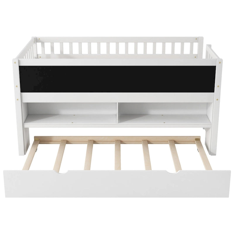 Twin Size Low Loft Bed with Trundle, Solid Wood Bed Frame with Storage Shelves & Blackboard, Space-Saving Design for Small Rooms
