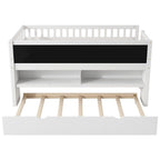Twin Size Low Loft Bed with Trundle, Solid Wood Bed Frame with Storage Shelves & Blackboard, Space-Saving Design for Small Rooms