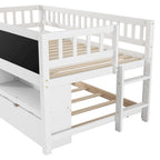 Twin Size Low Loft Bed with Trundle, Solid Wood Bed Frame with Storage Shelves & Blackboard, Space-Saving Design for Small Rooms
