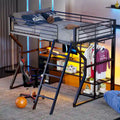Full Size Metal Gaming Bed with Built-in Desk, Open Wardrobe and LED, Multiple Storage Loft Bed Frame with Ladder