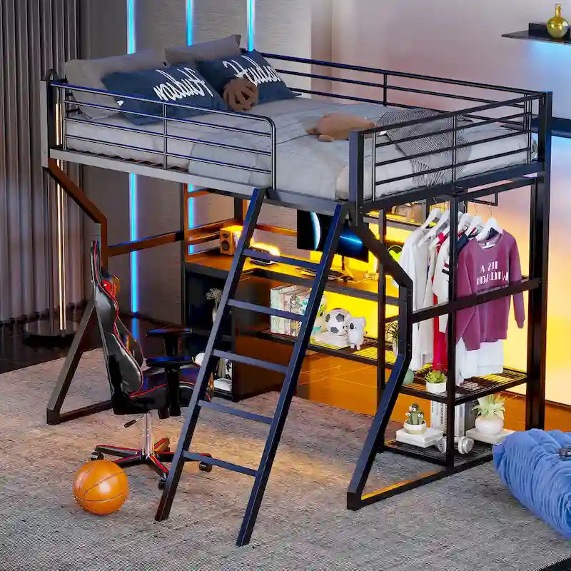 Full Size Metal Gaming Bed with Built-in Desk, Open Wardrobe and LED, Multiple Storage Loft Bed Frame with Ladder