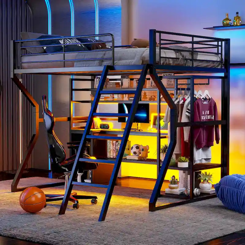 Full Size Metal Gaming Bed with Built-in Desk, Open Wardrobe and LED, Multiple Storage Loft Bed Frame with Ladder