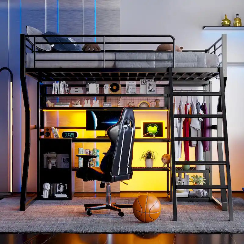 Full Size Metal Gaming Bed with Built-in Desk, Open Wardrobe and LED, Multiple Storage Loft Bed Frame with Ladder