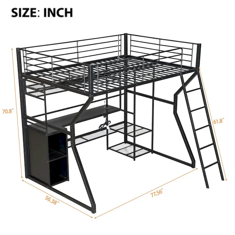 Full Size Metal Gaming Bed with Built-in Desk, Open Wardrobe and LED, Multiple Storage Loft Bed Frame with Ladder