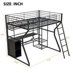 Full Size Metal Gaming Bed with Built-in Desk, Open Wardrobe and LED, Multiple Storage Loft Bed Frame with Ladder