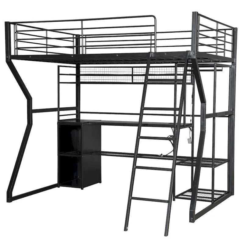 Full Size Metal Gaming Bed with Built-in Desk, Open Wardrobe and LED, Multiple Storage Loft Bed Frame with Ladder