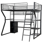 Full Size Metal Gaming Bed with Built-in Desk, Open Wardrobe and LED, Multiple Storage Loft Bed Frame with Ladder