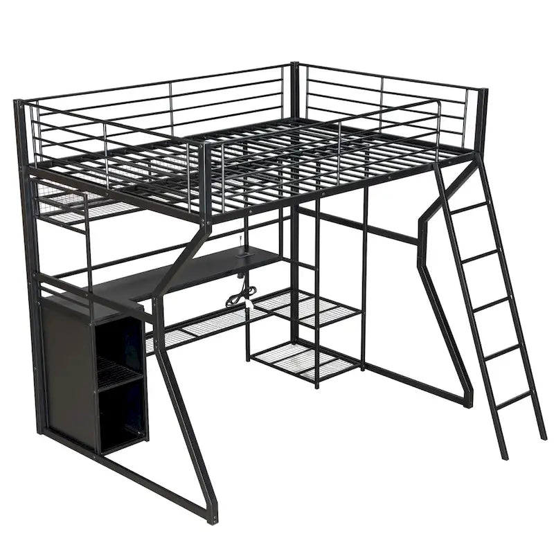 Full Size Metal Gaming Bed with Built-in Desk, Open Wardrobe and LED, Multiple Storage Loft Bed Frame with Ladder