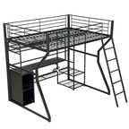 Full Size Metal Gaming Bed with Built-in Desk, Open Wardrobe and LED, Multiple Storage Loft Bed Frame with Ladder