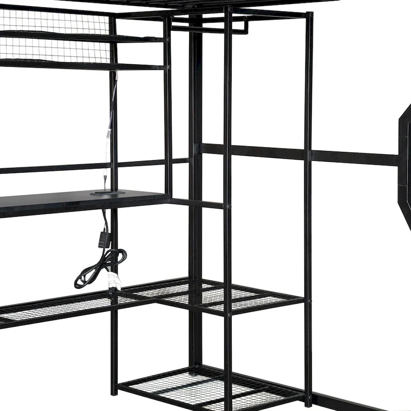 Full Size Metal Gaming Bed with Built-in Desk, Open Wardrobe and LED, Multiple Storage Loft Bed Frame with Ladder
