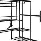 Full Size Metal Gaming Bed with Built-in Desk, Open Wardrobe and LED, Multiple Storage Loft Bed Frame with Ladder