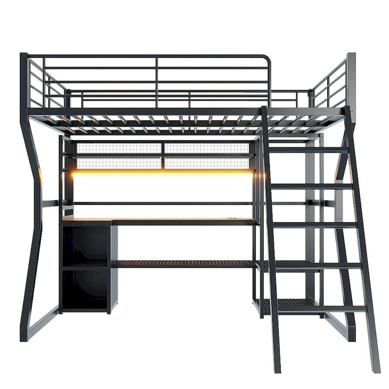 Full Size Metal Gaming Bed with Built-in Desk, Open Wardrobe and LED, Multiple Storage Loft Bed Frame with Ladder