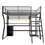 Full Size Metal Gaming Bed with Built-in Desk, Open Wardrobe and LED, Multiple Storage Loft Bed Frame with Ladder
