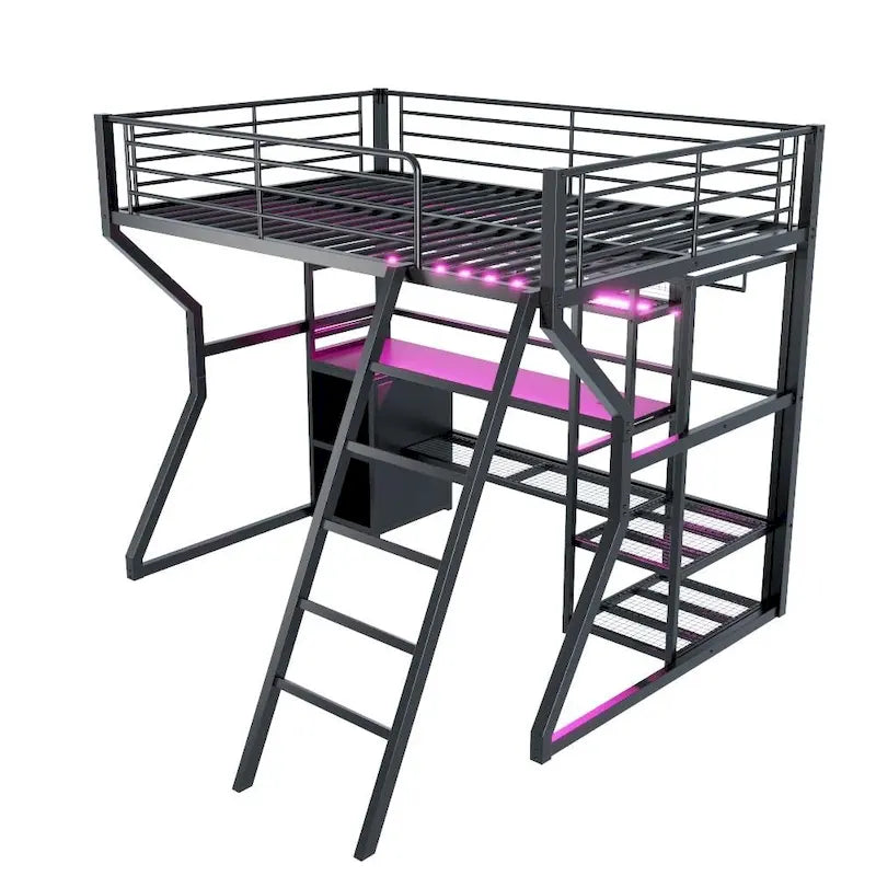 Full Size Metal Gaming Bed with Built-in Desk, Open Wardrobe and LED, Multiple Storage Loft Bed Frame with Ladder