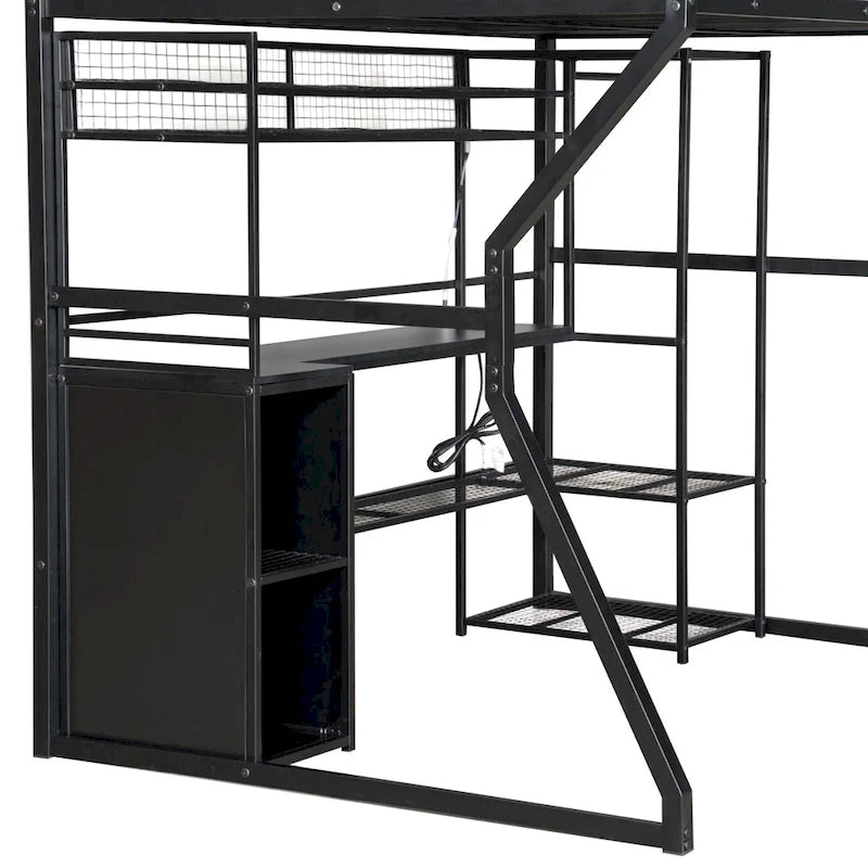Full Size Metal Gaming Bed with Built-in Desk, Open Wardrobe and LED, Multiple Storage Loft Bed Frame with Ladder