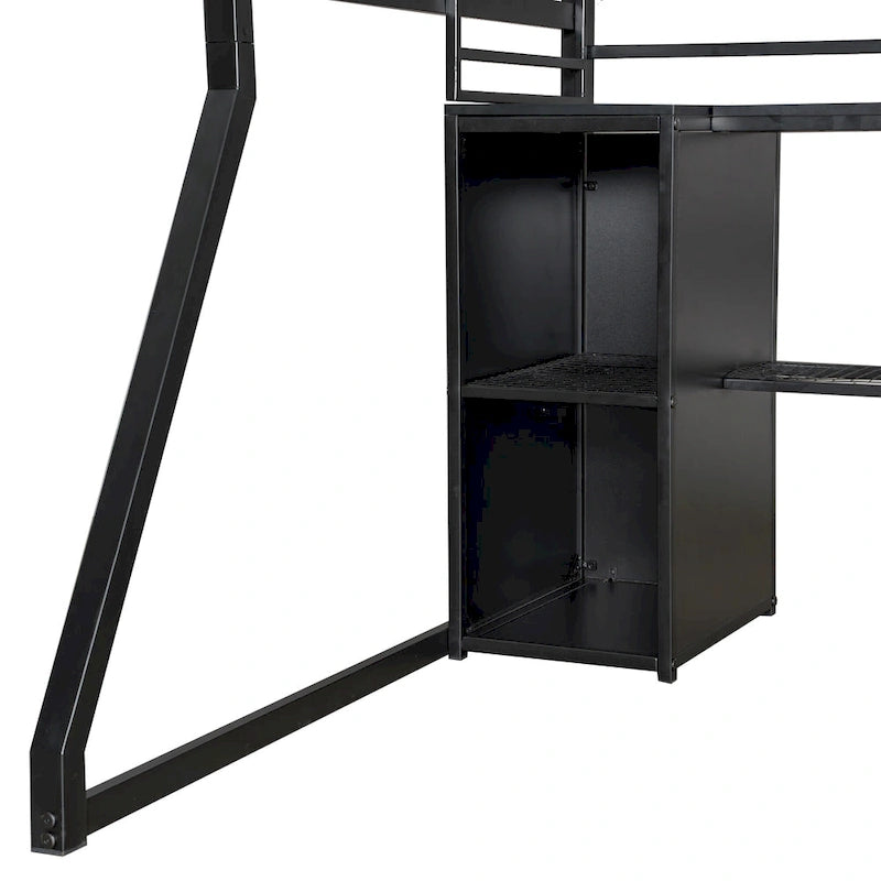 Full Size Metal Gaming Bed with Built-in Desk, Open Wardrobe and LED, Multiple Storage Loft Bed Frame with Ladder