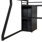 Full Size Metal Gaming Bed with Built-in Desk, Open Wardrobe and LED, Multiple Storage Loft Bed Frame with Ladder