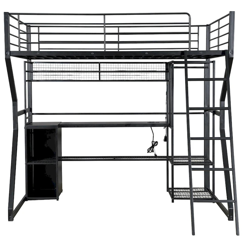 Full Size Metal Gaming Bed with Built-in Desk, Open Wardrobe and LED, Multiple Storage Loft Bed Frame with Ladder