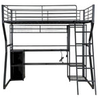 Full Size Metal Gaming Bed with Built-in Desk, Open Wardrobe and LED, Multiple Storage Loft Bed Frame with Ladder
