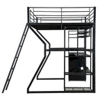 Full Size Metal Gaming Bed with Built-in Desk, Open Wardrobe and LED, Multiple Storage Loft Bed Frame with Ladder