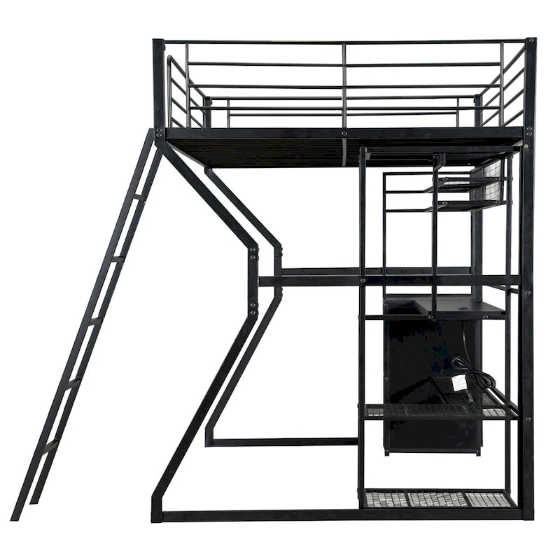 Full Size Metal Gaming Bed with Built-in Desk, Open Wardrobe and LED, Multiple Storage Loft Bed Frame with Ladder