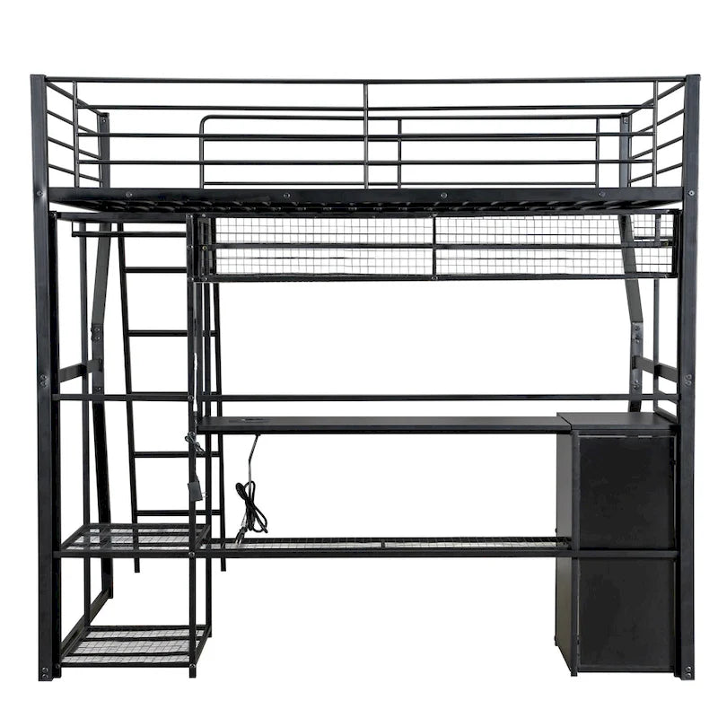 Full Size Metal Gaming Bed with Built-in Desk, Open Wardrobe and LED, Multiple Storage Loft Bed Frame with Ladder