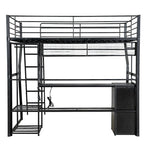 Full Size Metal Gaming Bed with Built-in Desk, Open Wardrobe and LED, Multiple Storage Loft Bed Frame with Ladder
