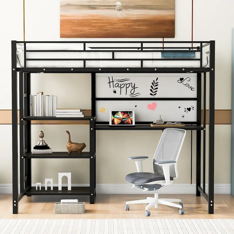 Metal Bed Frame Kids Loft Bed with Desk and Whiteboard, 3 Shelves and Ladder, Metal Slat Support