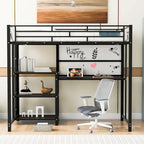 Metal Bed Frame Kids Loft Bed with Desk and Whiteboard, 3 Shelves and Ladder, Metal Slat Support