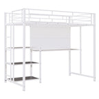 Metal Bed Frame Kids Loft Bed with Desk and Whiteboard, 3 Shelves and Ladder, Metal Slat Support