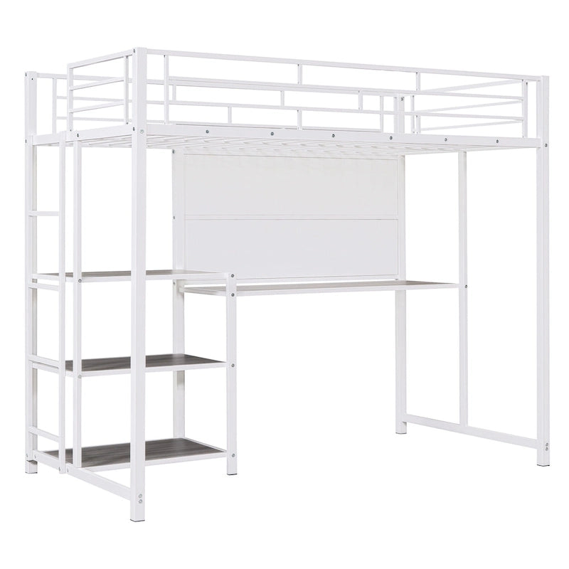 Metal Bed Frame Kids Loft Bed with Desk and Whiteboard, 3 Shelves and Ladder, Metal Slat Support