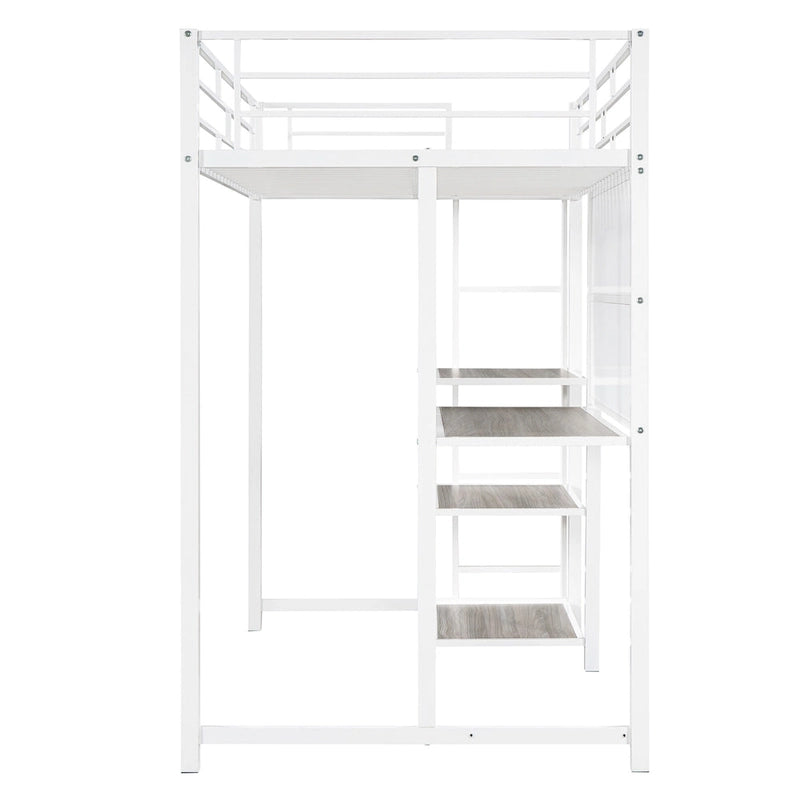 Metal Bed Frame Kids Loft Bed with Desk and Whiteboard, 3 Shelves and Ladder, Metal Slat Support