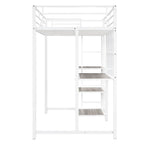 Metal Bed Frame Kids Loft Bed with Desk and Whiteboard, 3 Shelves and Ladder, Metal Slat Support