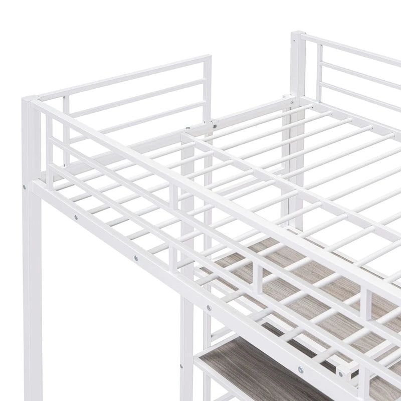 Metal Bed Frame Kids Loft Bed with Desk and Whiteboard, 3 Shelves and Ladder, Metal Slat Support
